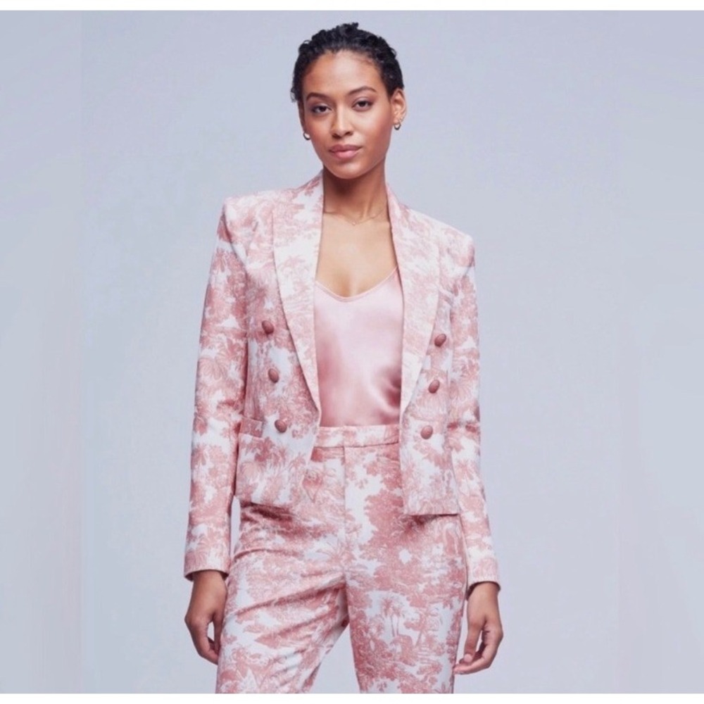 L'AGENCE Brooke Double Breasted Crop Blazer Rose Multi Toile Pink White Size 2
